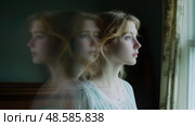 Internal Monologue: A portrait of a girl with contemplative inner voices, looking out of the window. Стоковое AI-изображение, AI-художник Данила Большаков / Фотобанк Лори