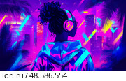 Synthwave Reverie: A Woman in Headphones Gazes at the Cityscape. Стоковое AI-изображение, AI-художник Данила Большаков / Фотобанк Лори