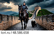 A man rides a horse next to a panda bear. Стоковое AI-изображение, AI-художник Ярославский Максим / Фотобанк Лори