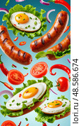A close up of a plate of food with a variety of ingredients including eggs. Стоковое AI-изображение, AI-художник Ярославский Максим / Фотобанк Лори