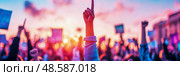 Social Justice: Mass Protesting Against Inequality with raised fists and signs, demanding change for a better future. Стоковое AI-изображение, AI-художник Данила Большаков / Фотобанк Лори