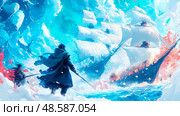Frost Battle: Frozen Waters Collision, Sword Clash, Warrior's Stand, Epic Naval Confrontation. Стоковое AI-изображение, AI-художник Данила Большаков / Фотобанк Лори
