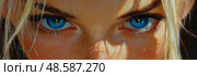 Piercing Gaze: Close-up of a Woman's Intense Blue Eyes in an Impressionistic Painting. Стоковое AI-изображение, AI-художник Данила Большаков / Фотобанк Лори