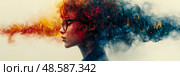 Mindscape Vision: Woman Profile with Cityscape and Emotional Hue, Dreamlike Thought Portrayal. Стоковое AI-изображение, AI-художник Данила Большаков / Фотобанк Лори