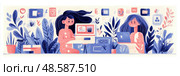 Freelance Life: Two Girls Working Remotely Surrounded by Foliage, a Colorful Illustration for Lifestyle Blog and Telecommuting. Стоковое AI-изображение, AI-художник Данила Большаков / Фотобанк Лори
