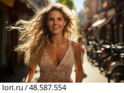 Stunning woman gracefully strolls down the street, to the side of a line of parked motorcycles. Стоковое AI-изображение, AI-художник Данила Большаков / Фотобанк Лори