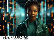 Captivating african american woman stands gracefully, captivated by the mesmerizing glow emanating from a dazzling wall of lights. Стоковое AI-изображение, AI-художник Данила Большаков / Фотобанк Лори