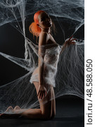 Red-haired woman caught in a delicate web of nets in a dark studio. Стоковое фото, фотограф Гурьянов Андрей / Фотобанк Лори