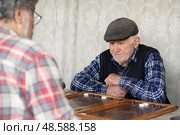 Пенсионеры с азартом играют в нарды. Активное долголетие. Редакционное фото, фотограф Evgenia Shevardina / Фотобанк Лори