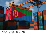 Грузовой контейнер с флагом Эритреи в морском порту. Стоковое AI-изображение, AI-художник Башкирова Анна / Фотобанк Лори