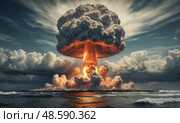 Ядерный взрыв с грибовидным облаком. Nuclear explosion with mushroom cloud. Стоковое AI-изображение, AI-художник Гер Олег / Фотобанк Лори