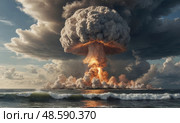 Ядерный взрыв с грибовидным облаком. Nuclear explosion with mushroom cloud. Стоковое AI-изображение, AI-художник Гер Олег / Фотобанк Лори