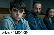 Family Drama: Teen's Resentment with Concerned Parents Watching. Стоковое AI-изображение, AI-художник Данила Большаков / Фотобанк Лори