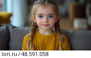 Portrait of a Blond Girl with Plaits, Close-up on a Smiling Face with Blue Eyes, Child Wearing Yellow Knitted Sweater. Стоковое AI-изображение, AI-художник Данила Большаков / Фотобанк Лори