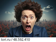 Astonishment womans face is frozen in state of shock and bewilderment with her mouth agape and eyes wide open encapsulating essence of sheer surprise against background of city. Стоковое AI-изображение, AI-художник Данила Большаков / Фотобанк Лори