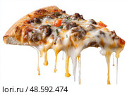 Delicious slice of pizza with melted cheese and crispy toppings for lunch. Вкусный кусок пиццы с расплавленным сыром и хрустящей начинкой на белом фоне. Стоковое AI-изображение, AI-художник Katsiaryna Repich / Фотобанк Лори