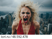 Captured against a towering urban backdrop, a woman wearing a vibrant red dress unleashes a powerful scream, symbolizing a fearless expression of freedom and boldness in the heart of the metropolis. Стоковое AI-изображение, AI-художник Данила Большаков / Фотобанк Лори
