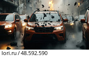 Midnight Alarm: Urban Escape Amid Fiery Chaos, fleet of cars hastens along wet city street, scrambling away from explosive calamity that illuminates night. Стоковое AI-изображение, AI-художник Данила Большаков / Фотобанк Лори