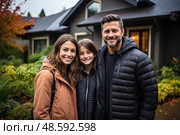 Happy man, accompanied by two young women, stands gracefully before an elegant house, relishing captivating and enchanting moment. Стоковое AI-изображение, AI-художник Данила Большаков / Фотобанк Лори