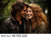 Happy man and woman share enchanting moment as they express their happiness, their beaming smiles radiating pure joy. Стоковое AI-изображение, AI-художник Данила Большаков / Фотобанк Лори