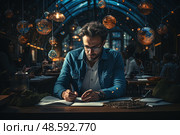 Enlightened Musings: man deep in thought sits at table, penning his profound ideas in notebook, surrounded by air of introspection. Стоковое AI-изображение, AI-художник Данила Большаков / Фотобанк Лори