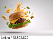 Delicious cheeseburger with exploding toppings in a creative food design. Вкусный чизбургер со взрывающейся начинкой в креативном дизайне еды. Стоковое AI-изображение, AI-художник Katsiaryna Repich / Фотобанк Лори