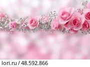 Ornate Floral Border with Soft Pink Roses, Elegant Advertisement Flyer Design, copy space. Витиеватая цветочная рамка с нежно-розовыми розами, элегантный дизайн рекламного флаера, место для копирования. Стоковое AI-изображение, AI-художник Katsiaryna Repich / Фотобанк Лори