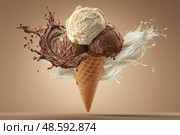 Double scoop ice cream cone splashing with chocolate and vanilla flavors. Двойной рожок мороженого с шоколадным и ванильным вкусами. Стоковое AI-изображение, AI-художник Katsiaryna Repich / Фотобанк Лори