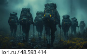 A group of soldiers navigates a misty forest trail, equipped with heavy backpacks, as they embark on their early morning military training. Стоковое AI-изображение, AI-художник Данила Большаков / Фотобанк Лори
