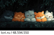 A delightful gathering of five sleeping foxes rests side by side, surrounded by lush greenery and twinkling stars above in a serene forest. Стоковое AI-изображение, AI-художник Данила Большаков / Фотобанк Лори