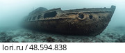 A derelict ship rests on the ocean floor, covered in algae and surrounded by murky water, indicating prolonged submersion and decay. Стоковое AI-изображение, AI-художник Данила Большаков / Фотобанк Лори