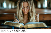 A woman focuses on her studies, writing notes in a book in a serene library setting illuminated by natural light. Стоковое AI-изображение, AI-художник Данила Большаков / Фотобанк Лори