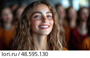 A young woman with curly hair beams with happiness in a full room of attendees dressed in vibrant colors, creating an uplifting atmosphere. Стоковое AI-изображение, AI-художник Данила Большаков / Фотобанк Лори