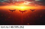 Three drones hover against a vibrant sunset, capturing the beauty of the evening sky while highlighting modern technology in action. Стоковое AI-изображение, AI-художник Данила Большаков / Фотобанк Лори