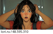 The young woman displays a shocked expression while holding her hair, indicating a sudden realization in a quiet indoor space. Стоковое AI-изображение, AI-художник Данила Большаков / Фотобанк Лори