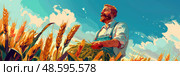 Concept: Agriculture landscape. Illustrative scene of a farmer holding wheat crop, against a sky with clouds. Стоковое AI-изображение, AI-художник Данила Большаков / Фотобанк Лори