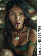 Enchanting forest nymph with playful expression, featuring pointed ears, facial markings, and a beaded necklace, in an organic setting. Стоковое AI-изображение, AI-художник Данила Большаков / Фотобанк Лори