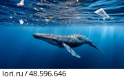 Plastic pollution in the ocean is an environmental problem. Whales swim among plastic waste in the ocean. A global problem, a threat to ocean wildlife and calling for urgent action to protect the environment. Стоковое AI-изображение, AI-художник ALLA YURTAYEVA / Фотобанк Лори