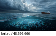 Black crude oil spilled, struggling to clean up a devastating oil spill from a tanker, nature ruined by human negligence. A global issue, threatening ocean wildlife and calling for urgent action to protect the environment. Стоковое AI-изображение, AI-художник ALLA YURTAYEVA / Фотобанк Лори