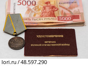 Медаль "За боевые заслуги", пачка денег и удостоверение. Стоковое фото, фотограф Игорь Низов / Фотобанк Лори