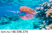 Solitary Sailfish: Graceful marine predator in azure depths, gliding past the coral reef, underwater journey for nature exploration. Стоковое AI-изображение, AI-художник Данила Большаков / Фотобанк Лори