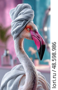 A flamingo is standing in front of a mirror with a towel wrapped around its head. Стоковое AI-изображение, AI-художник Ярославский Максим / Фотобанк Лори