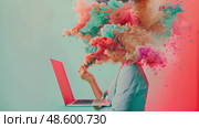 Creative Overload: Colorful Smoke Cloud Exploding from Laptop Held by Person in a Surreal Digital Concept. Ideal for tech art, advertising, innovation themes. Стоковое AI-видео, аниматор Данила Большаков / Фотобанк Лори