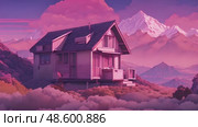 Detailed painting of house situated on hill with majestic mountains in backdrop. Composition highlights architectural details of house and scenic beauty of mountains. Стоковое AI-видео, аниматор Данила Большаков / Фотобанк Лори
