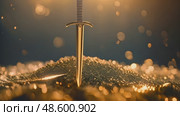 Elegant sword stands embedded in mound of glittering gold coins, evoking tales of fantasy and treasure. Стоковое AI-видео, аниматор Данила Большаков / Фотобанк Лори