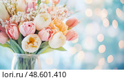 Spring Flower Bouquet: A pastel arrangement of tulip and baby's breath in a glass jar, on a bright bokeh with light turquoise and blue, ideal for spring decoration. Стоковое AI-изображение, AI-художник Данила Большаков / Фотобанк Лори