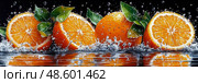 Fresh Orange Still Life in Water Splash, Design for print, card, poster. Стоковое AI-изображение, AI-художник Данила Большаков / Фотобанк Лори