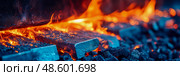 Metal heating in fire for blacksmithing. Стоковое AI-изображение, AI-художник Данила Большаков / Фотобанк Лори