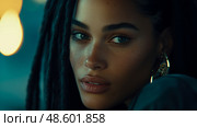 Close-Up Portrait of a Woman with Dreads and Golden Earring. Стоковое AI-изображение, AI-художник Данила Большаков / Фотобанк Лори