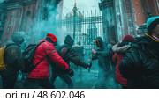 A group of protestors in winter clothing confronts a security barrier under a haze of tear gas, signaling unrest. Стоковое AI-изображение, AI-художник Данила Большаков / Фотобанк Лори